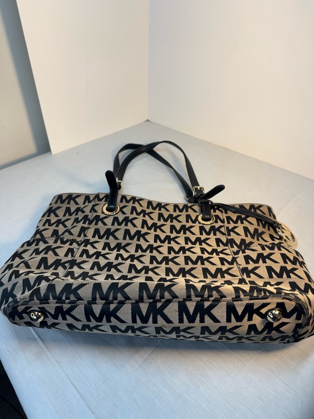 Michael Kors Black and Beige MK Logo Tote with Leather Trim